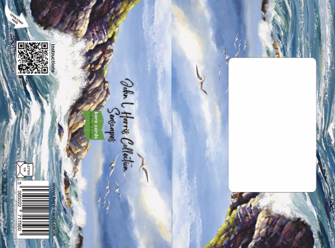 Envelope cover for the John L Harris Seascapes with a scenic illustration of rocks and sea waves, featuring a QR code and text.