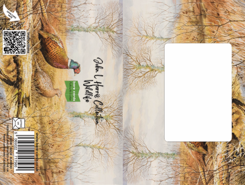 Envelope cover for the John L Harris Wildlife greetings cards with pheasants at Spirthill painting and a QR code on a forest landscape background