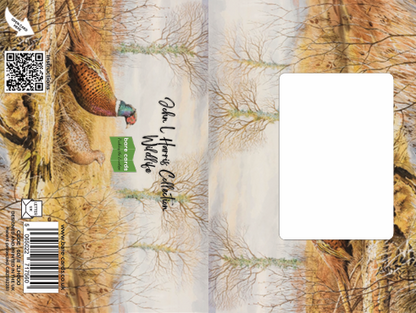 Envelope cover for the John L Harris Wildlife greetings cards with pheasants at Spirthill painting and a QR code on a forest landscape background