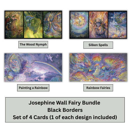 Four colorful fantasy wall art cards shown in a 2x2 grid with titles: The Wood Nymph, Silken Spells, Painting a Rainbow, and Rainbow Fairies. Text at the bottom reads: 'Josephine Wall Fairy Bundle, Black Borders, Set of 4 Cards (1 of each design included)'.