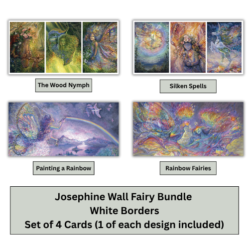 Four colorful fantasy wall art cards shown in a 2x2 grid with titles: The Wood Nymph, Silken Spells, Painting a Rainbow, and Rainbow Fairies. Text at the bottom reads: 'Josephine Wall Fairy Bundle, Black Borders, Set of 4 Cards (1 of each design included)'.