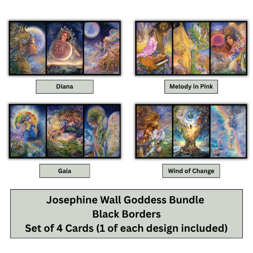 Four framed art cards shown in a 2x2 grid on a white background, labeled Diana, Melody in Pink, Gaia, and Wind of Change. Below the cards, a gray banner reads: 'Josephine Wall Goddess Bundle Black Borders Set of 4 Cards (1 of each design included)'.