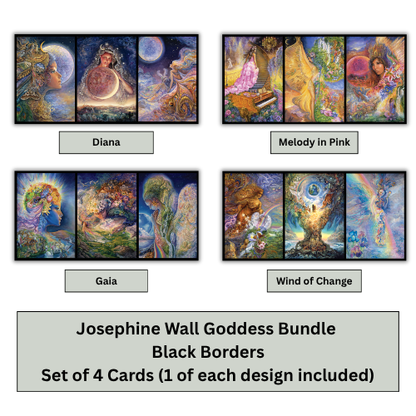 Four framed art cards shown in a 2x2 grid on a white background, labeled Diana, Melody in Pink, Gaia, and Wind of Change. Below the cards, a gray banner reads: 'Josephine Wall Goddess Bundle Black Borders Set of 4 Cards (1 of each design included)'.
