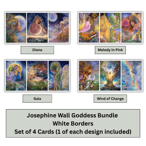 Four illustrated cards shown in a 2x2 grid on a white background, each with a label beneath it: Diana, Melody in Pink, Gaia, and Wind of Change. A large gray banner at the bottom reads: 'Josephine Wall Goddess Bundle White Borders Set of 4 Cards (1 of each design included)'.