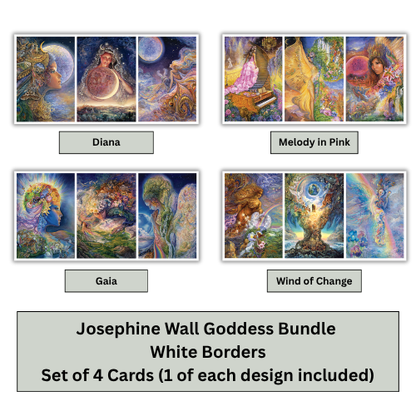 Four illustrated cards shown in a 2x2 grid on a white background, each with a label beneath it: Diana, Melody in Pink, Gaia, and Wind of Change. A large gray banner at the bottom reads: 'Josephine Wall Goddess Bundle White Borders Set of 4 Cards (1 of each design included)'.