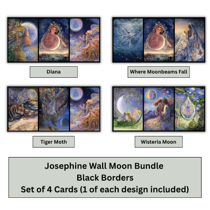 Four illustrated cards shown in a 2x2 grid with labels: Diana, Where Moonbeams Fall, Tiger Moth, and Wisteria Moon. Below the cards, a gray banner reads: 'Josephine Wall Moon Bundle, Black Borders, Set of 4 Cards (1 of each design included)'.