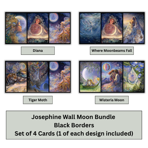 Four illustrated cards shown in a 2x2 grid with labels: Diana, Where Moonbeams Fall, Tiger Moth, and Wisteria Moon. Below the cards, a gray banner reads: 'Josephine Wall Moon Bundle, Black Borders, Set of 4 Cards (1 of each design included)'.