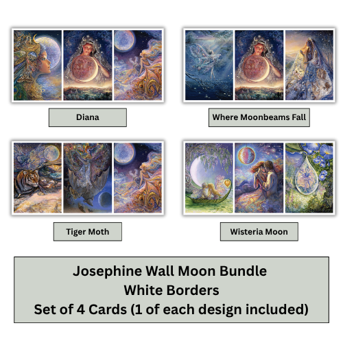 A product graphic showing four illustrated cards from the Josephine Wall Moon Bundle with white borders. The designs are labeled Diana, Where Moonbeams Fall, Tiger Moth, and Wisteria Moon, arranged in a 2x2 grid above a text box stating 'Set of 4 Cards (1 of each design included)'.