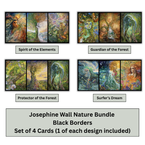 A promotional graphic showing four Josephine Wall nature-themed card designs arranged in a 2x2 grid on a white background, with text labels: Spirit of the Elements, Guardian of the Forest, Protector of the Forest, and Surfer's Dream. A large gray box at the bottom reads: 'Josephine Wall Nature Bundle, Black Borders, Set of 4 Cards (1 of each design included)'.