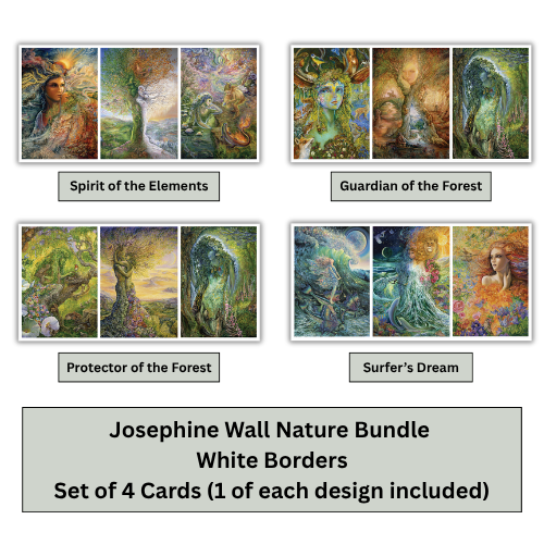A product graphic showing four fantasy nature-themed art cards arranged in a 2x2 grid on a white background, with text below reading 'Josephine Wall Nature Bundle White Borders Set of 4 Cards (1 of each design included)'. The card designs feature colorful forest, elemental, and mythological imagery with white borders.