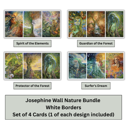 A product graphic showing four fantasy nature-themed art cards arranged in a 2x2 grid on a white background, with text below reading 'Josephine Wall Nature Bundle White Borders Set of 4 Cards (1 of each design included)'. The card designs feature colorful forest, elemental, and mythological imagery with white borders.