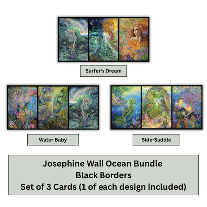 A product graphic showing three illustrated ocean-themed card designs labeled 'Surfer's Dream,' 'Water Baby,' and 'Side-Saddle,' with text at the bottom reading 'Josephine Wall Ocean Bundle Black Borders Set of 3 Cards (1 of each design included).' The artwork uses many vivid colors with blue, green, purple, yellow, and pink tones, and the background is plain white.