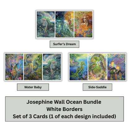 A product bundle graphic showing three art cards with ocean-themed illustrations labeled 'Surfer's Dream,' 'Water Baby,' and 'Side-Saddle,' plus text reading 'Josephine Wall Ocean Bundle White Borders Set of 3 Cards (1 of each design included)'.