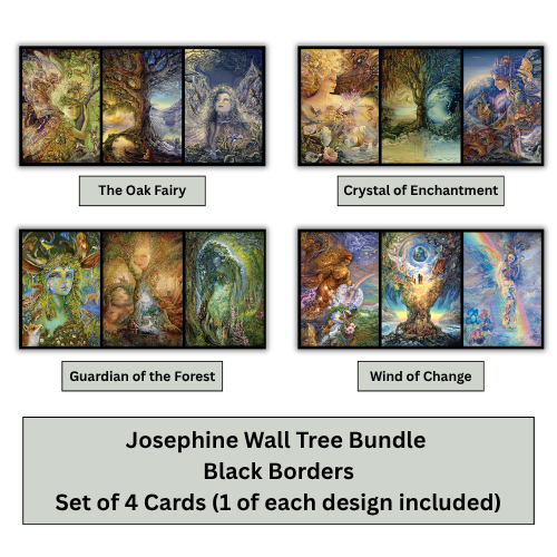 Four fantasy wall art cards shown in a 2x2 grid with labels: 'The Oak Fairy,' 'Crystal of Enchantment,' 'Guardian of the Forest,' and 'Wind of Change.' Below the cards, a gray banner reads 'Josephine Wall Tree Bundle Black Borders Set of 4 Cards (1 of each design included)'.