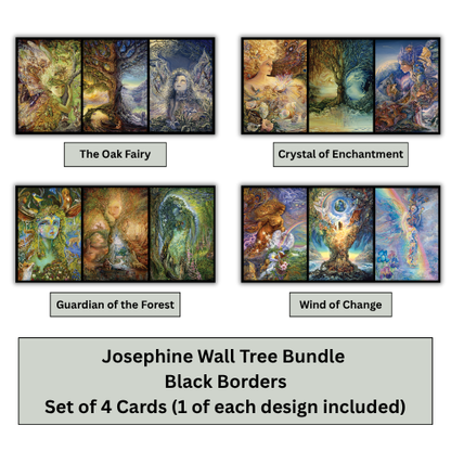 Four fantasy wall art cards shown in a 2x2 grid with labels: 'The Oak Fairy,' 'Crystal of Enchantment,' 'Guardian of the Forest,' and 'Wind of Change.' Below the cards, a gray banner reads 'Josephine Wall Tree Bundle Black Borders Set of 4 Cards (1 of each design included)'.