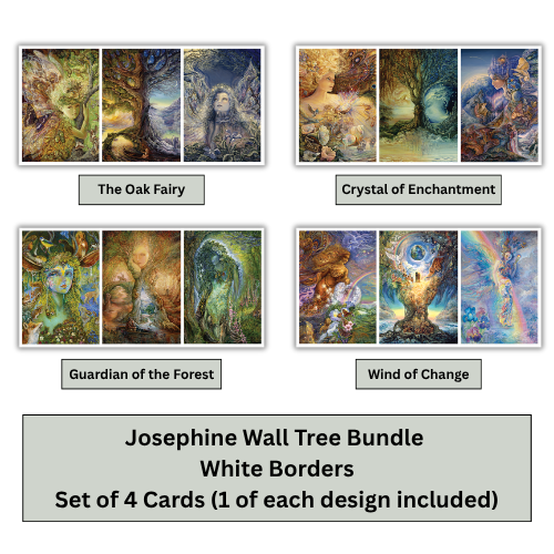Four illustrated wall tree cards arranged in a 2x2 grid on a white background, with labels reading 'The Oak Fairy,' 'Crystal of Enchantment,' 'Guardian of the Forest,' and 'Wind of Change.' A gray banner at the bottom reads 'Josephine Wall Tree Bundle White Borders Set of 4 Cards (1 of each design included)'.