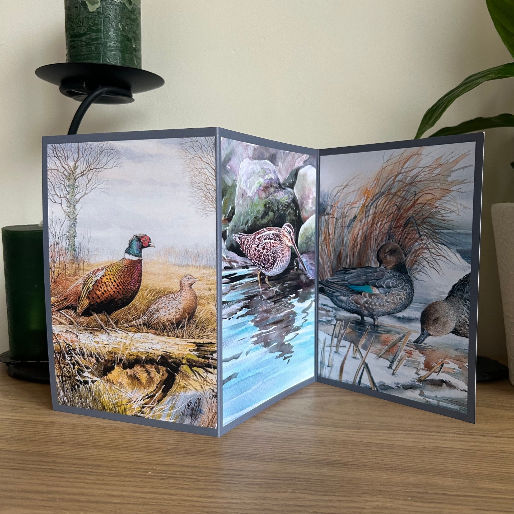 Tri-fold card with nature-themed illustrations of birds on a wooden surface.