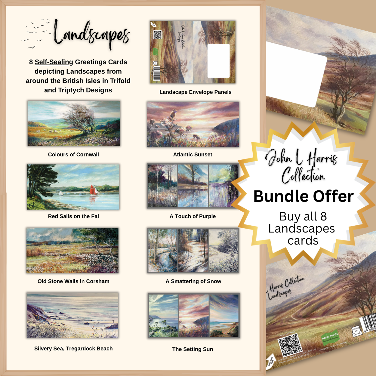 Primary image for the Bare cards self-sealing greetings card bundle for the British Made John L Harris Landscapes Collection. Image shows the 8 British Landscape greetings cards, fully illustrated posting covers and a gold offer star showing the text bundle offer.
