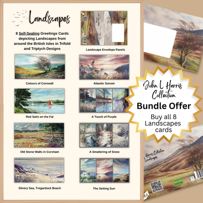 Primary image for the Bare cards self-sealing greetings card bundle for the British Made John L Harris Landscapes Collection. Image shows the 8 British Landscape greetings cards, fully illustrated posting covers and a gold offer star showing the text bundle offer.