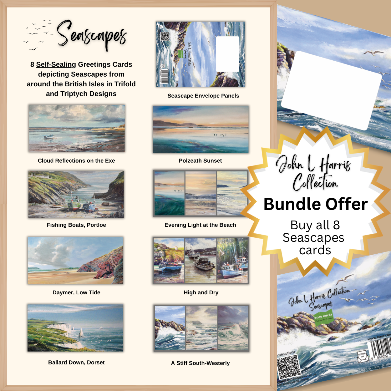 Primary image for the Bare cards self-sealing greetings card bundle for the John L Harris Seascapes Collection. Image shows the 8 British coastal greetings cards, fully illustrated posting covers and a gold offer star showing the text bundle offer.
