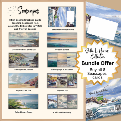 Primary image for the Bare cards self-sealing greetings card bundle for the John L Harris Seascapes Collection. Image shows the 8 British coastal greetings cards, fully illustrated posting covers and a gold offer star showing the text bundle offer.