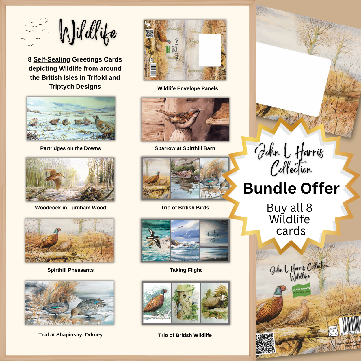 Primary image for the Bare cards self-sealing greetings card bundle for the British Made John L Harris Wildlife Collection. Image shows the 8 British Wildlife greetings cards, fully illustrated posting covers and a gold offer star showing the text bundle offer.