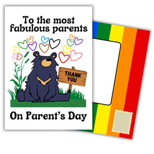 A parent's day greeting card and matching envelope. The white card features a cartoon black bear holding a 'THANK YOU' sign, surrounded by colorful hearts, with the text 'To the most fabulous parents On Parent's Day'.