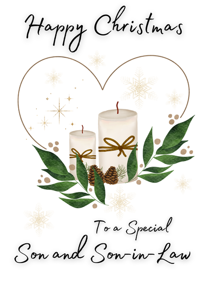 Christmas card with candles, greenery, and text 'Happy Christmas to a Special Son and Son-in-Law' on a white background.