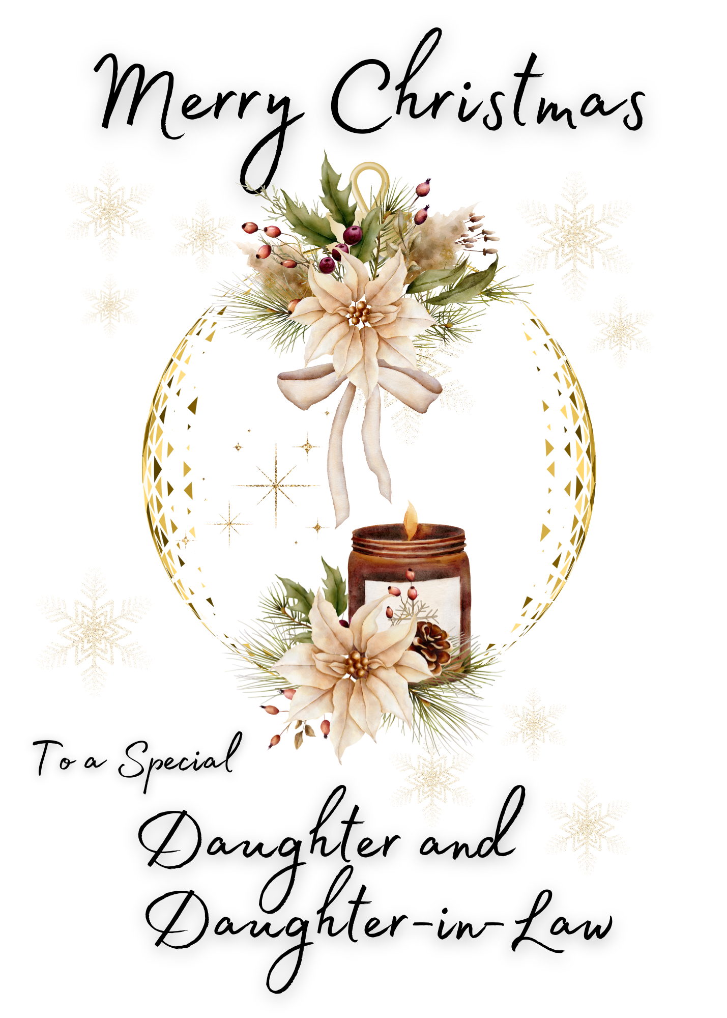 Christmas card with floral arrangement and candle, personalized for a daughter and daughter-in-law.