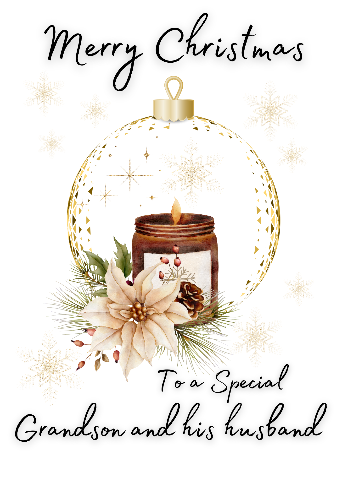 Christmas card with a candle and floral design, featuring text for a special grandson and his husband.
