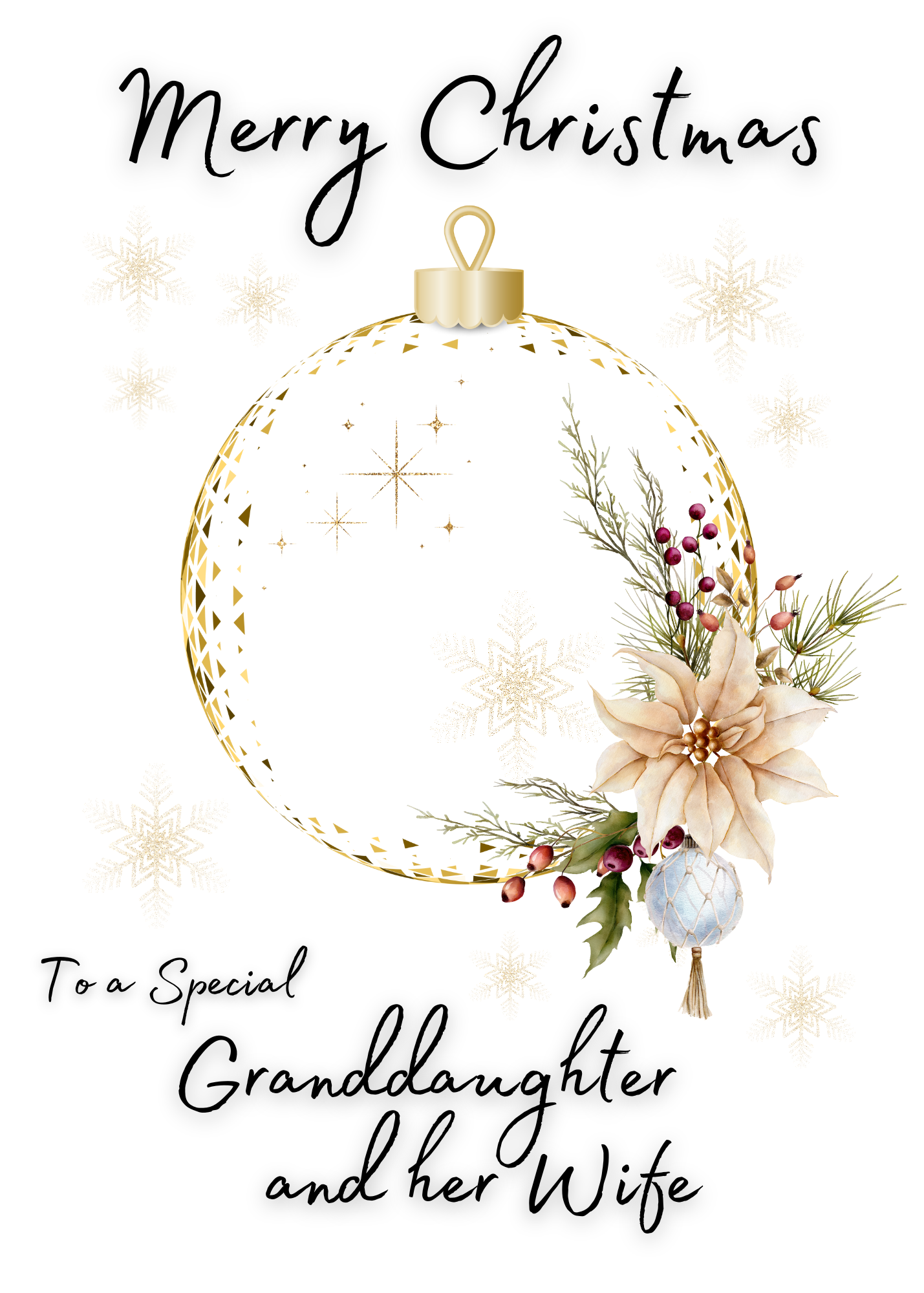 Christmas card with bauble and floral ornament and text for a special granddaughter and her wife