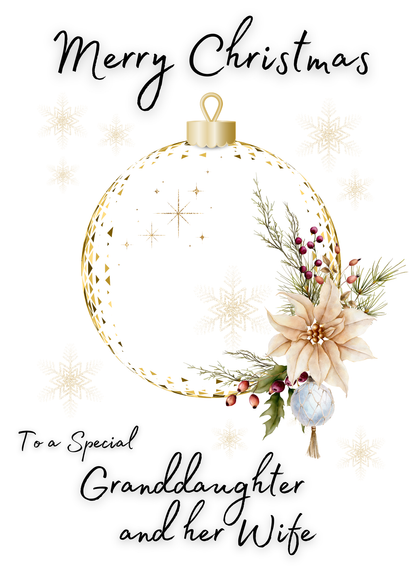 Christmas card with bauble and floral ornament and text for a special granddaughter and her wife