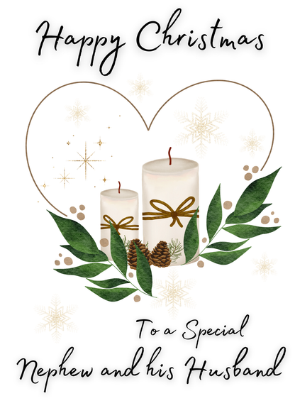 Christmas card with candles, greenery, and text for a special nephew and his husband.