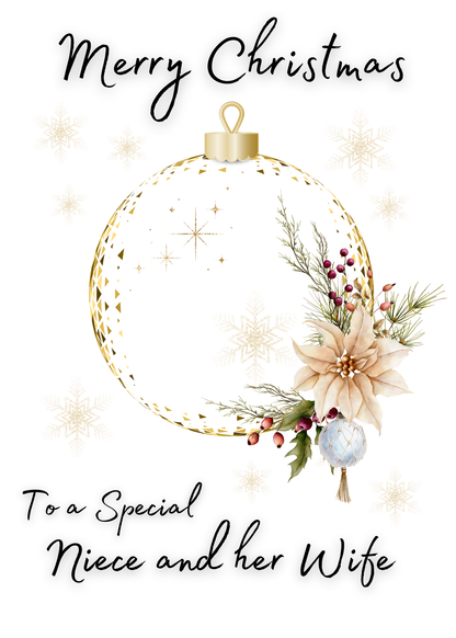 Christmas ornament with floral decorations and text 'Merry Christmas to a special niece and her wife' on a white background.