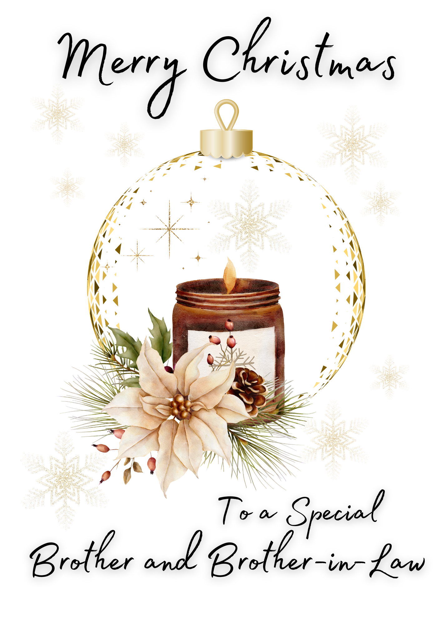 Christmas card with a candle and floral design, featuring 'Merry Christmas to a Special Brother and Brother-in-Law' text.