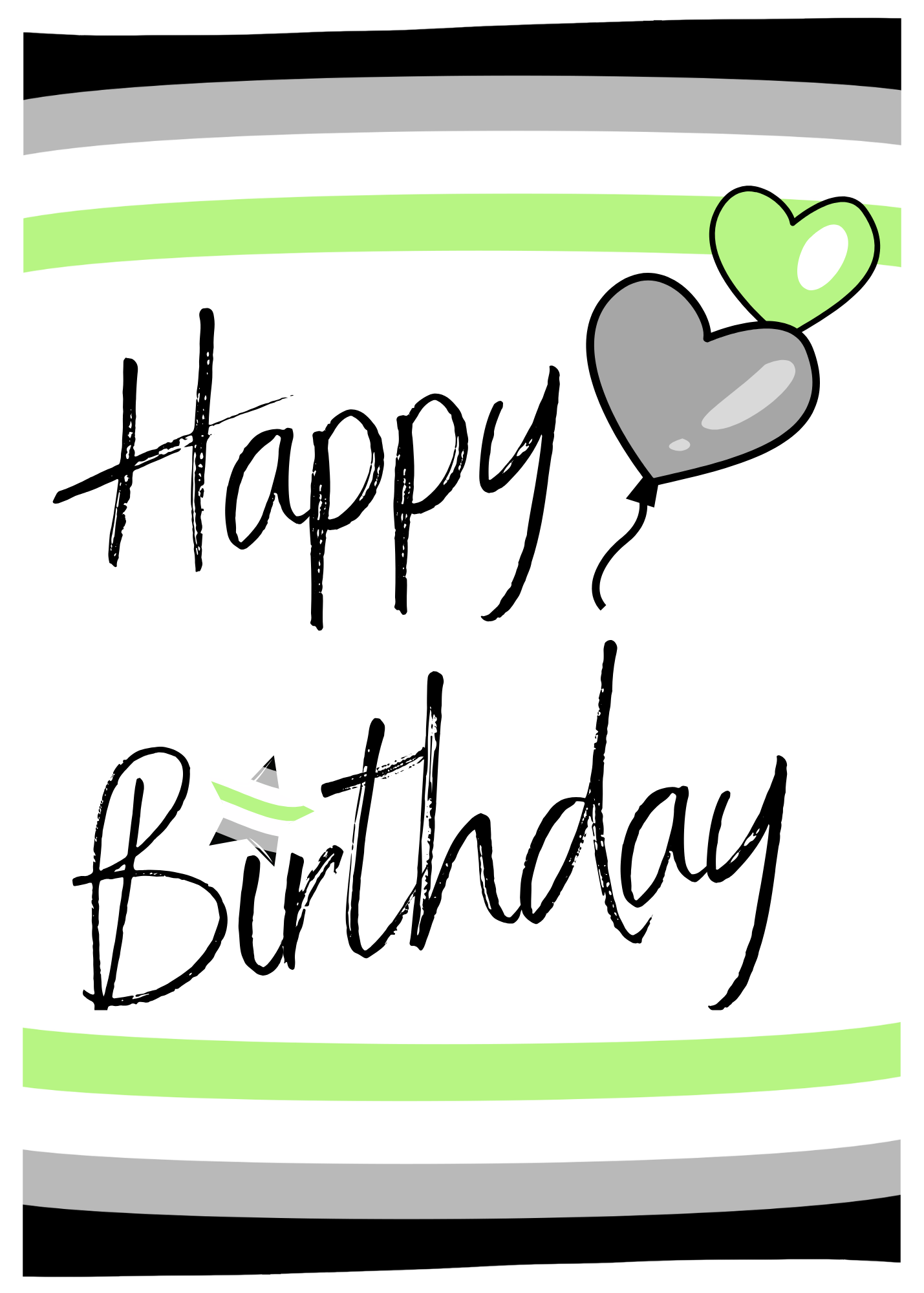 Agender Happy Birthday text with a heart-shaped balloon on a agender flag colours striped background