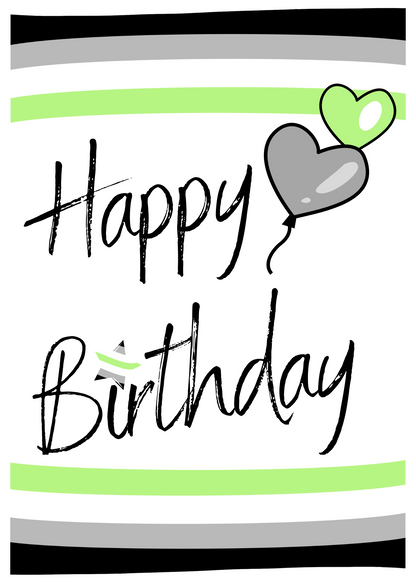 Agender Happy Birthday text with a heart-shaped balloon on a agender flag colours striped background