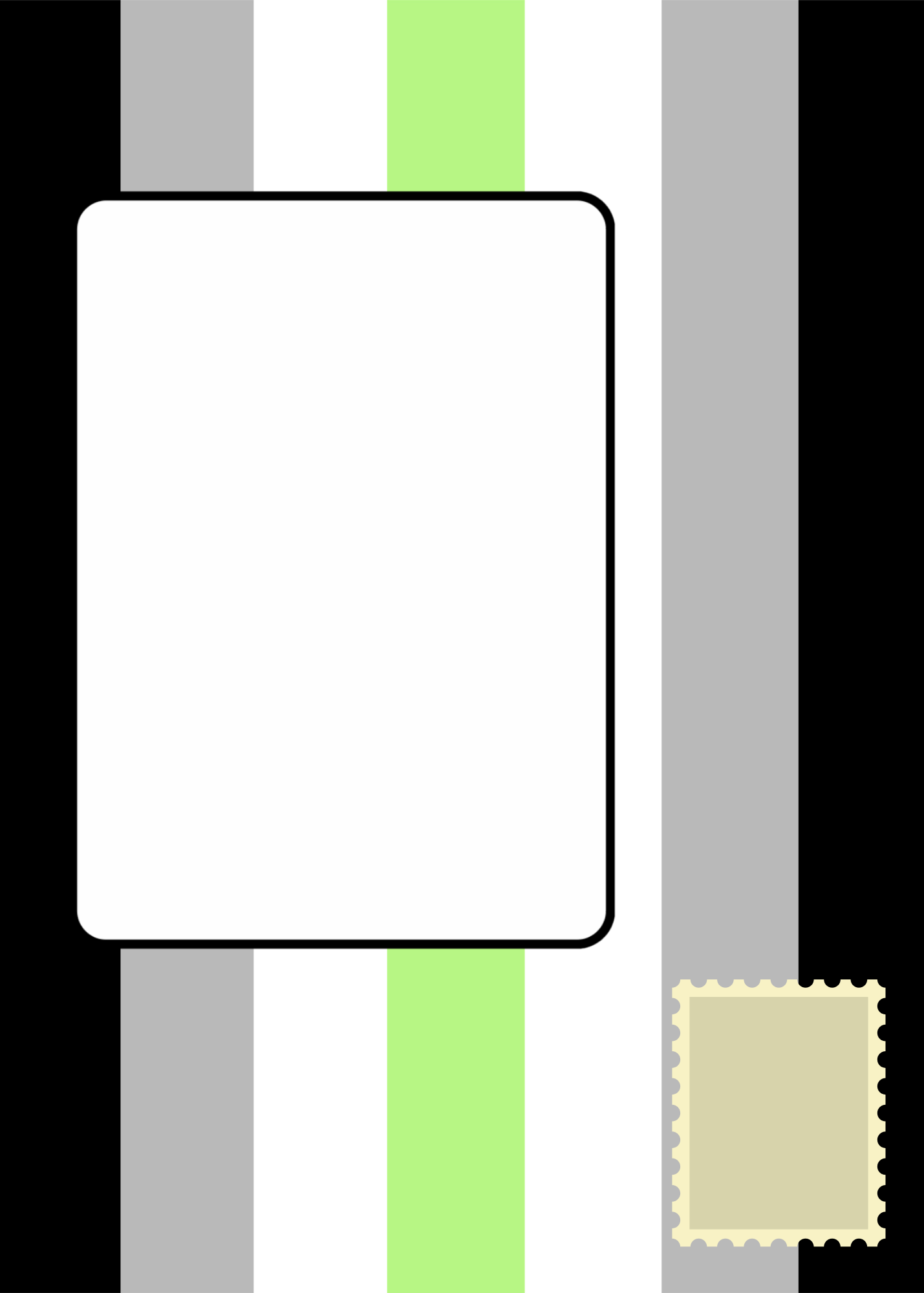 Rectangular white sign with a green stripe on a black and gray striped background