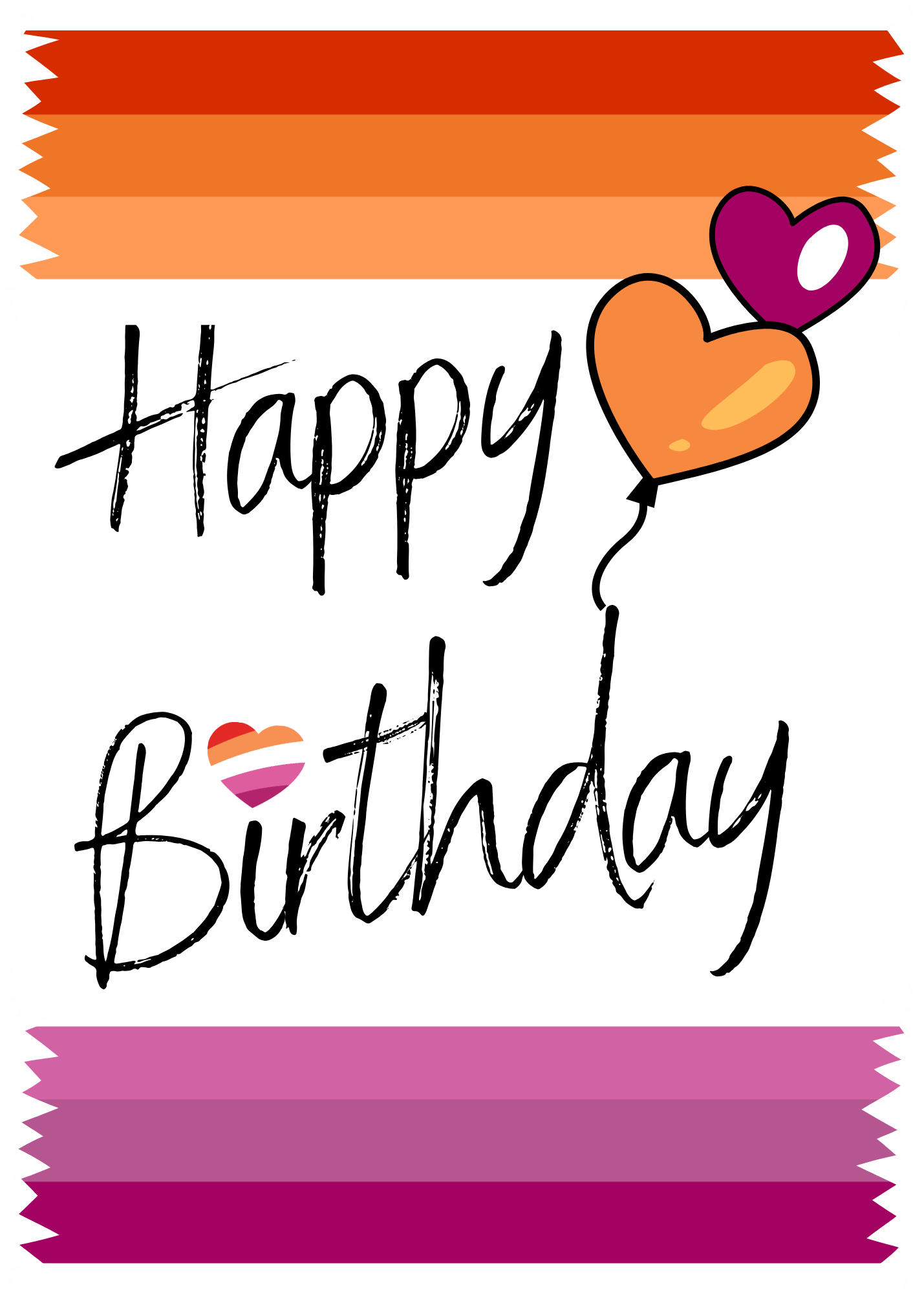 Bare Cards Self-seal Lesbian Happy Birthday card with lesbian flag coloured balloons and ribbons on a white background