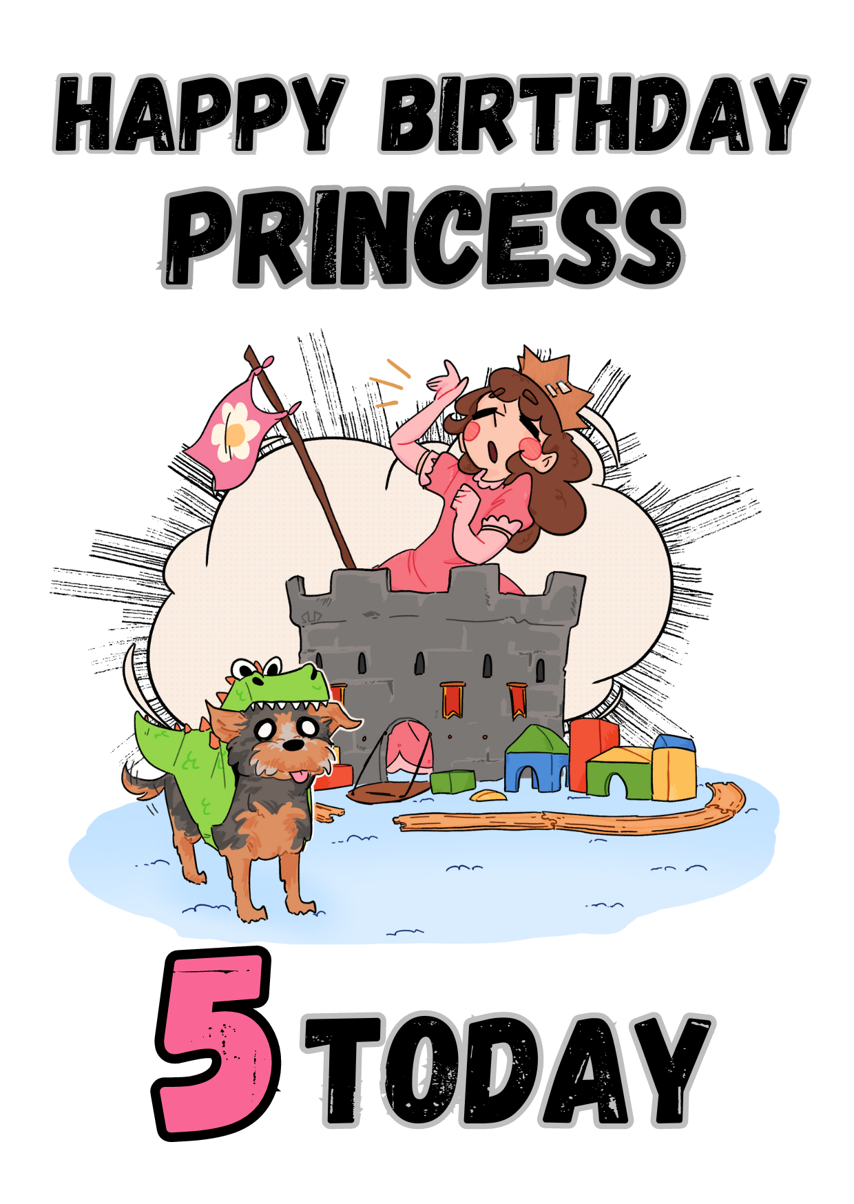 Little Heroes Happy 5th Birthday Card Princess and her Dragon Puppy
