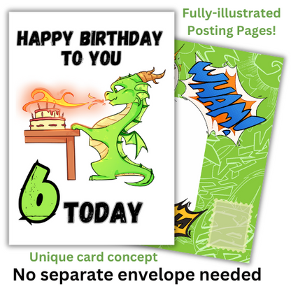 Little Heroes Happy 6th Birthday Card Dragon Lighting Cake