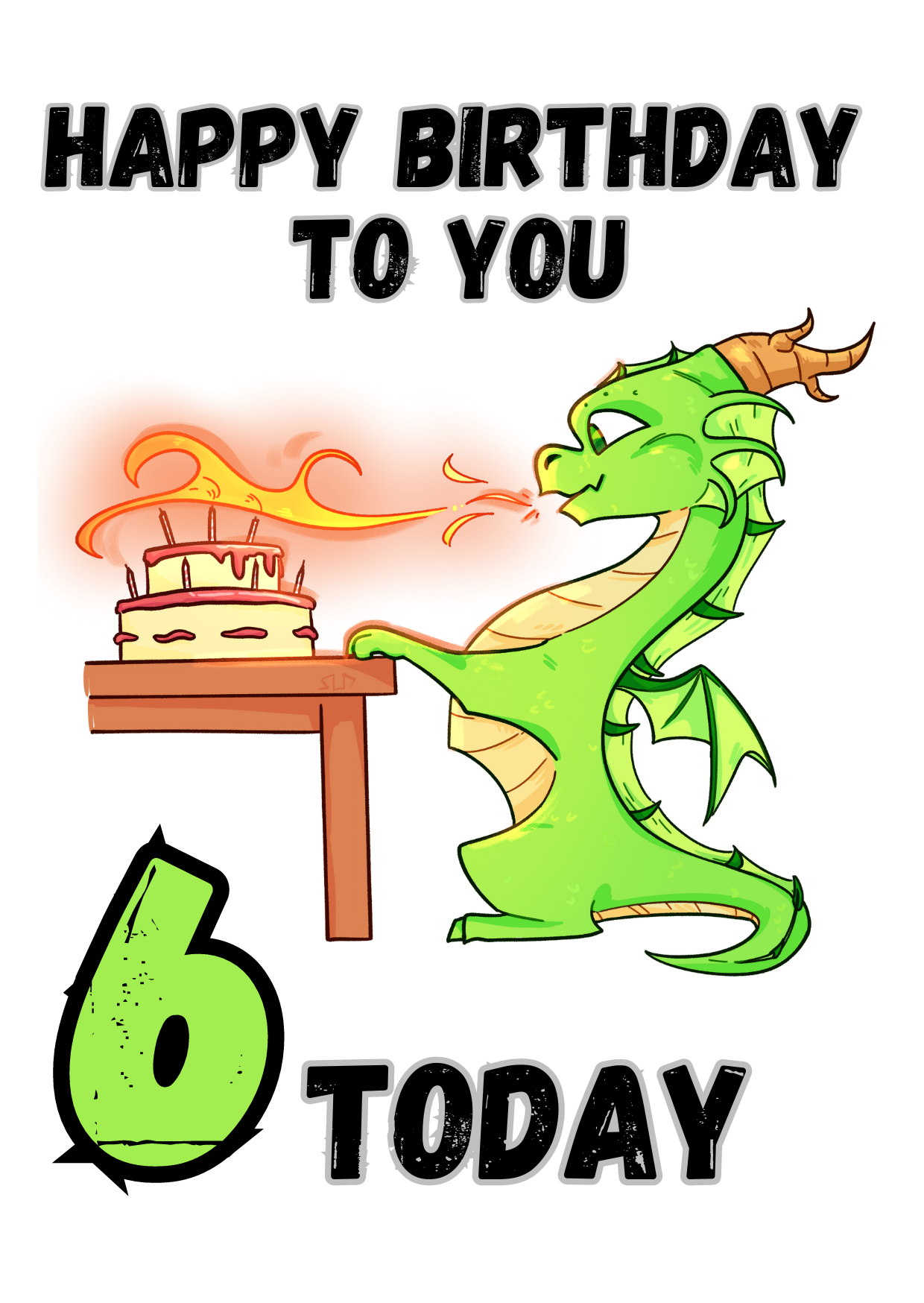 Little Heroes Happy 6th Birthday Card Dragon Lighting Cake