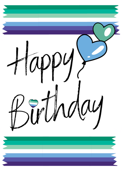 Front of MLM Happy Birthday Card with 'Happy birthday' text and colorful balloons and stripes on a white background