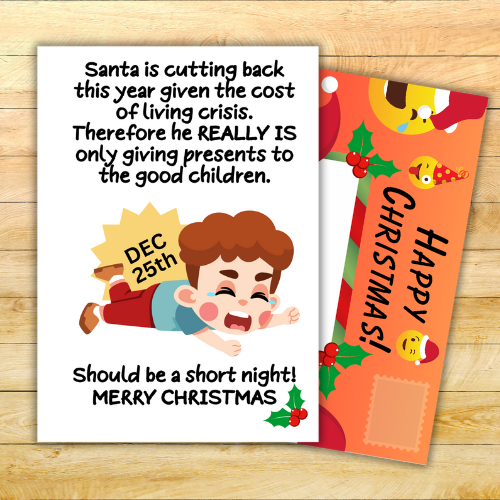 Image shows the front of the Santa Says Naughty List Christmas Card and shows the fully-illustrated posting pages with red background and Christmas emojis behind