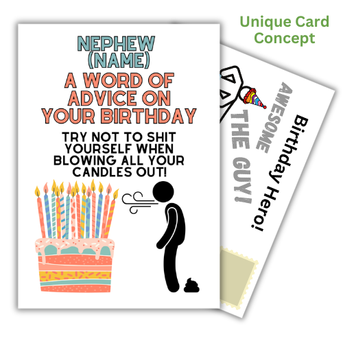 Funny male humour self-sealing birthday card for nephew, Word Of Advice design, UK-made eco-friendly card
