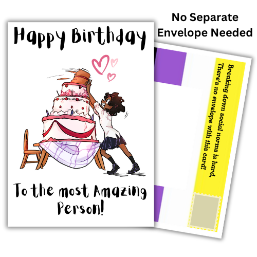 Non-binary birthday card featuring birthday cake artwork, Non-Binary Pride Flag posting covers and Bare Cards' self-sealing envelope-free design.