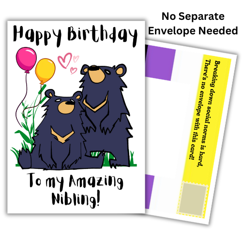 Bare Cards non binary birthday card for Nibling with an illustration of two bear-like characters, Happy Birthday message and the built-in envelope panels featuring the Gender Neutral Pride Flag behind.