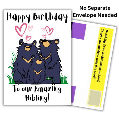 Bare Cards non binary birthday card for Nibling with an illustration of two bear-like characters, Happy Birthday message and the built-in envelope panels featuring the Gender Neutral Pride Flag behind.