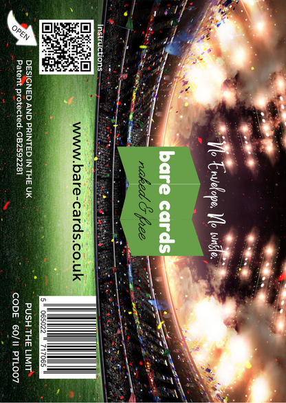 Image shows the front posting cover for the Bare Cards Push the Limit Tri-fold Sports Stadium Birthday Cards showing a full colour image of a sports stadium.
The Bare Cards logo is in the centre. There is also a QR Code to scan for instructions and a barcode for retail. 
The Bare Cards Patent Number and SKU for the card is also displayed. 