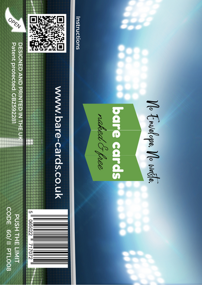 Image shows the front posting cover for the Bare Cards Push the Limit Tri-fold Tennis Birthday Cards showing a full colour image of a tennis court.
The Bare Cards logo is in the centre. There is also a QR Code to scan for instructions and a barcode for retail. 
The Bare Cards Patent Number and SKU for the card is also displayed. 